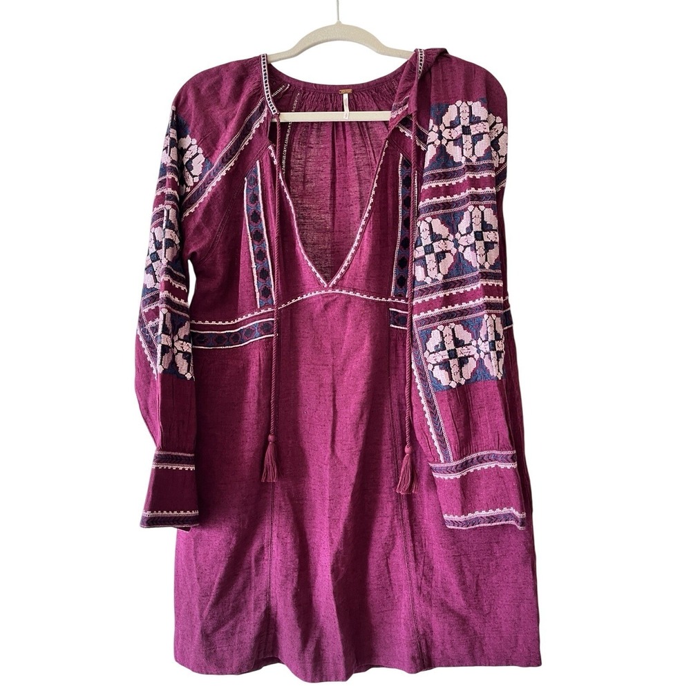 Free‎ People FP All My Life Floral Boho Wine Red Embroidered Mini Dress Size S